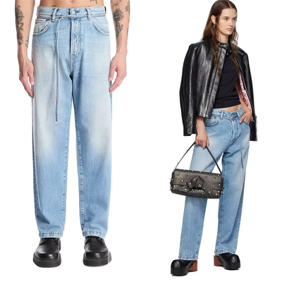 男女同款复古磨烂阔腿腰带牛仔裤