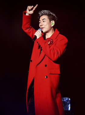 任贤齐同款毛呢大衣男中长款大红色过膝仿羊绒风衣外套双排扣小众