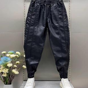 痞帅宽松哈伦裤 秋冬季 外卖骑手机车防风皮裤 加绒保暖休闲裤 男 男士