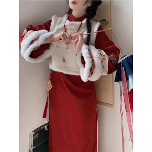 红色圣诞新年战袍马甲旗袍套装女改良汉服冬季过年穿