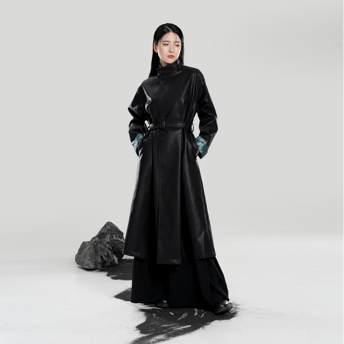 织造司[夜澜]原创汉元素改良圆领袍半高领长款风衣大衣皮衣外套女