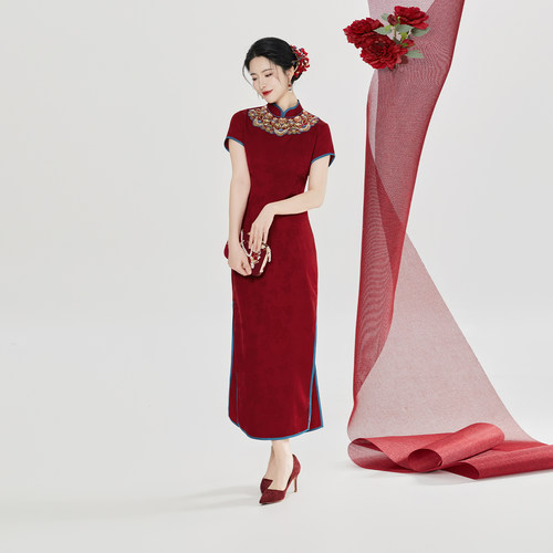 织造司[红琉璃]新中式红色旗袍连衣裙新娘服婚礼服日常可穿连身裙