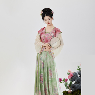 织造司 原创唐制汉服唐褙子圆领衫 高腰一片式 八破裙三件套 花坞集