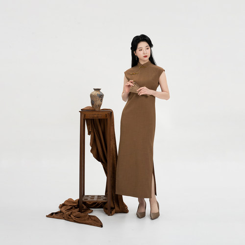 织造司[茶褐]无中生腰旗袍连衣裙