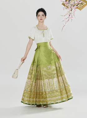 织造司[木雕窗花绿色]明制马面裙2026新款汉服方领短袖T恤衬衫女