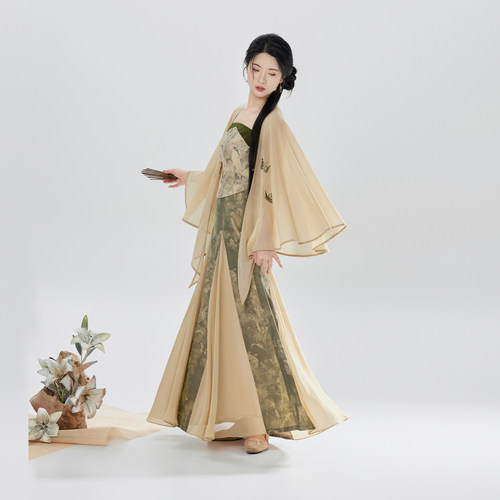织造司[百合簪花]新中式禅意清冷感穿搭雪纺刺绣披肩吊带抹胸半裙