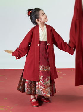 有余织造司原创童装2025新款汉服织金马面裙国风女童过年红色套装