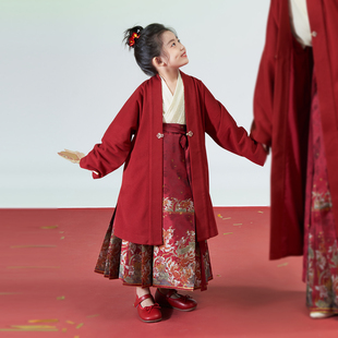汉服织金马面裙国风女童过年红色套装 有余织造司原创童装 2025新款