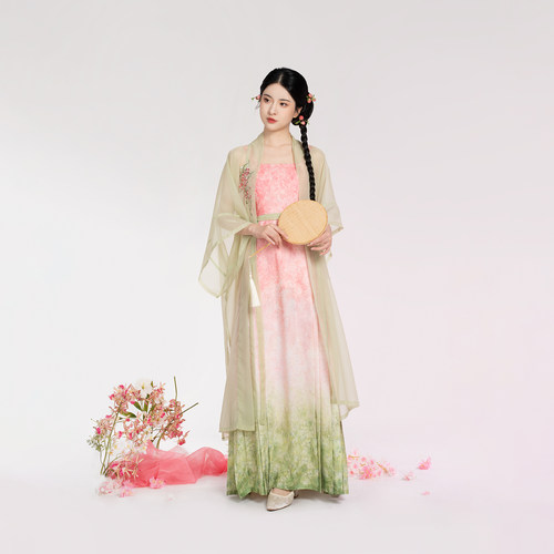 织造司[桃柳枝]原创汉元素宋长干寺国风渐变印花吊带马面连衣裙女