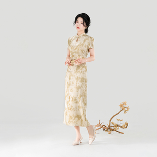 新中式 镂空小立领旗袍女夏薄款 国风提花收腰连衣裙子 杏枝 织造司