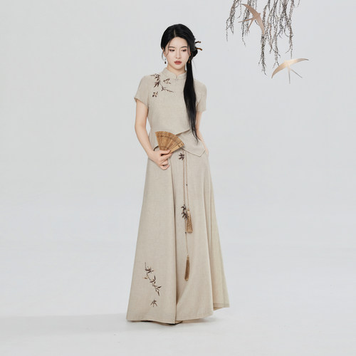 织造司[枝头雀语]新中式国风仿麻刺绣上衣宋裤阔腿裤长裤两件套装