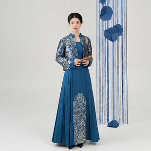 国风妆花短外套吊带连衣裙套装 织造司 新中式 华彩东方秀款 釉蓝枝