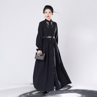 素刺绣对襟连衣裙黑色风衣外套女秋 明制汉元 织造司原创汉服 归档