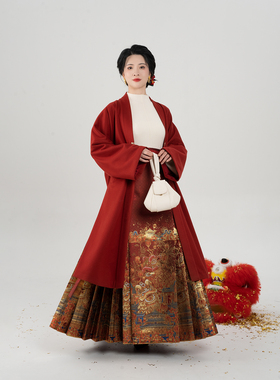 织造司[燃棉醒狮]红色过年战袍明制汉服织金马面裙斗篷外套上衣女
