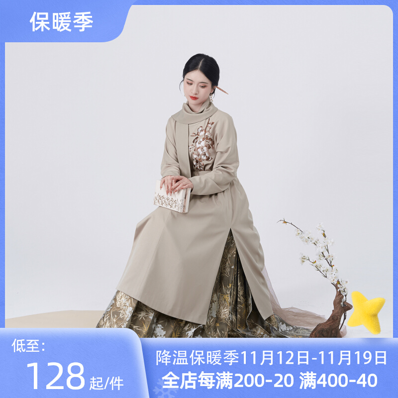 时兰织造司原创明制汉服蝴蝶兰刺绣圆领风衣外套仿妆花织金马面裙