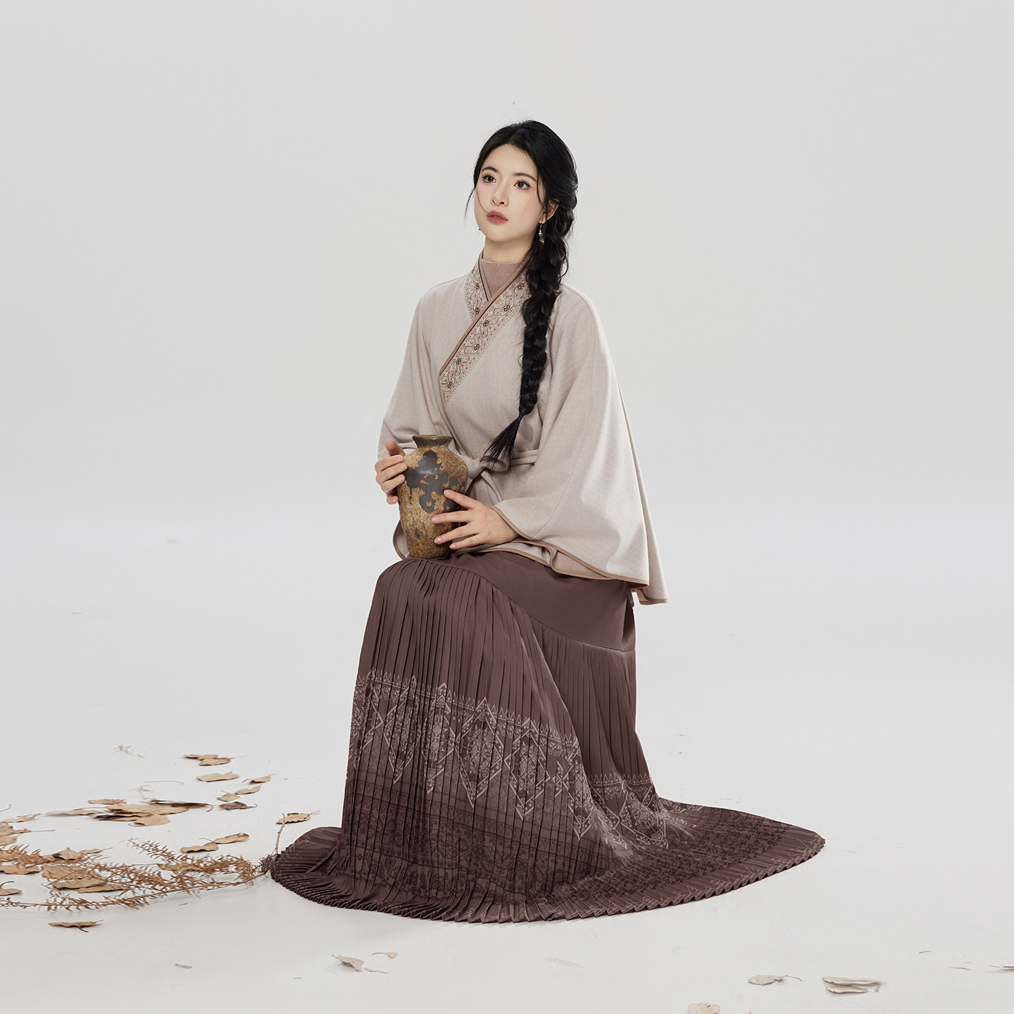 织造司[古湘]半高领毛衣半身裙女百褶裙斗篷外套上衣改良交领汉服,女装/女士精品,汉服套装,淘宝优惠券,粉丝福利购,淘宝优惠卷