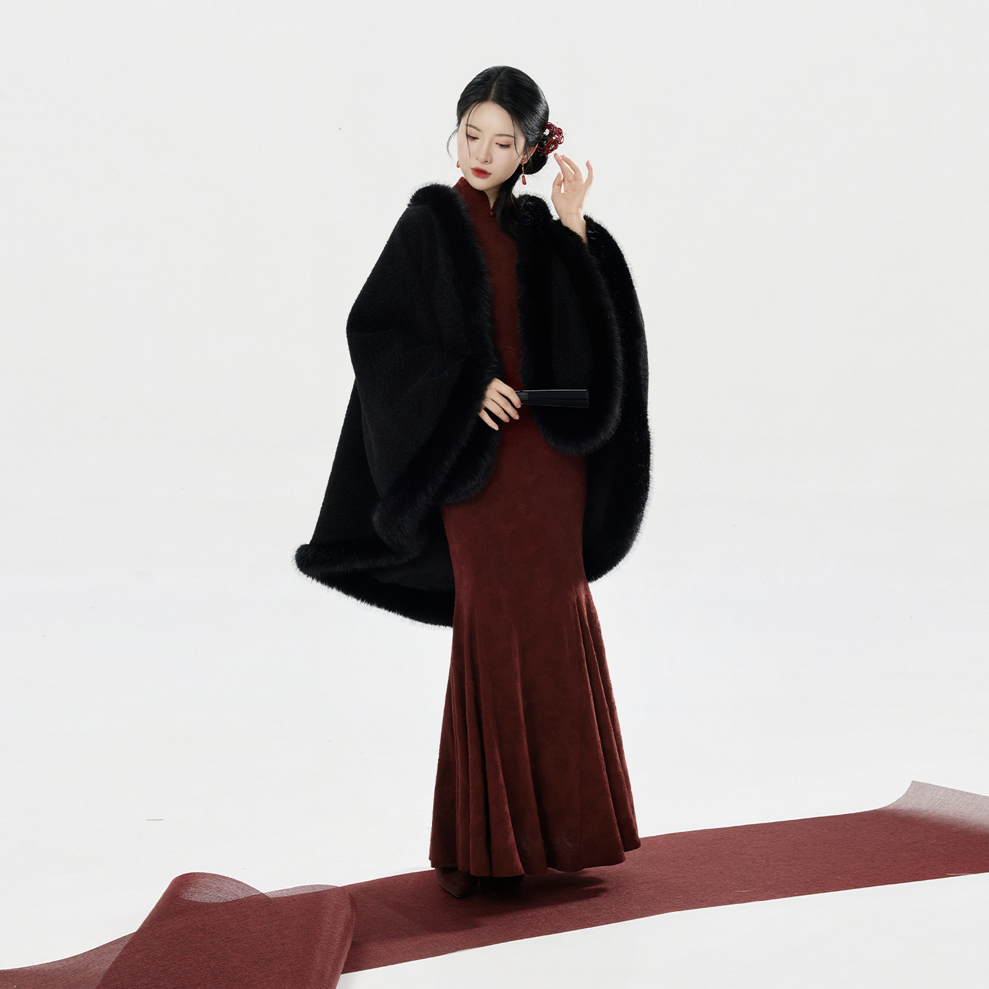 织造司[锦姝]新中式加厚毛呢披肩红色修身鱼尾裙立领旗袍连衣裙女,女装/女士精品,汉服套装,淘宝优惠券,粉丝福利购,淘宝优惠卷