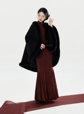 织造司[锦姝]新中式加厚毛呢披肩红色修身鱼尾裙立领旗袍连衣裙女