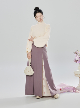 织造司[恋春时]新中式半高领白色毛衣改良三裥裙宋制汉服半身长裙