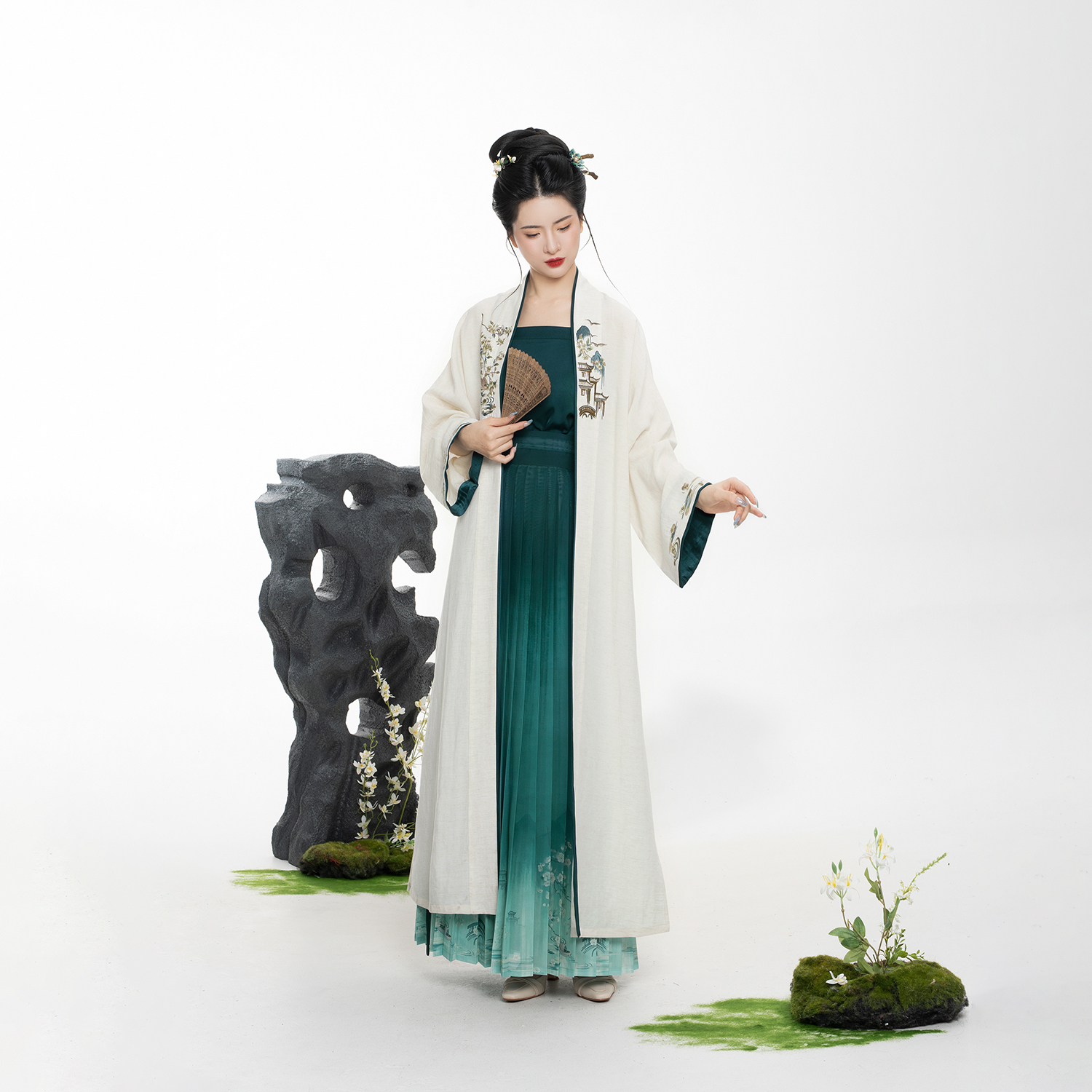 织造司[乌篷船]绣花亚麻褙子吊带宋抹黛青色渐变晕染印花百褶裙