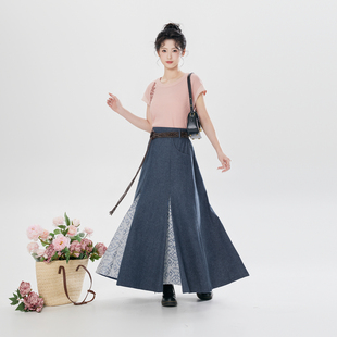 织造司[壁上听音者]改良汉服圆领衫短袖t恤上衣女牛仔半身三裥裙