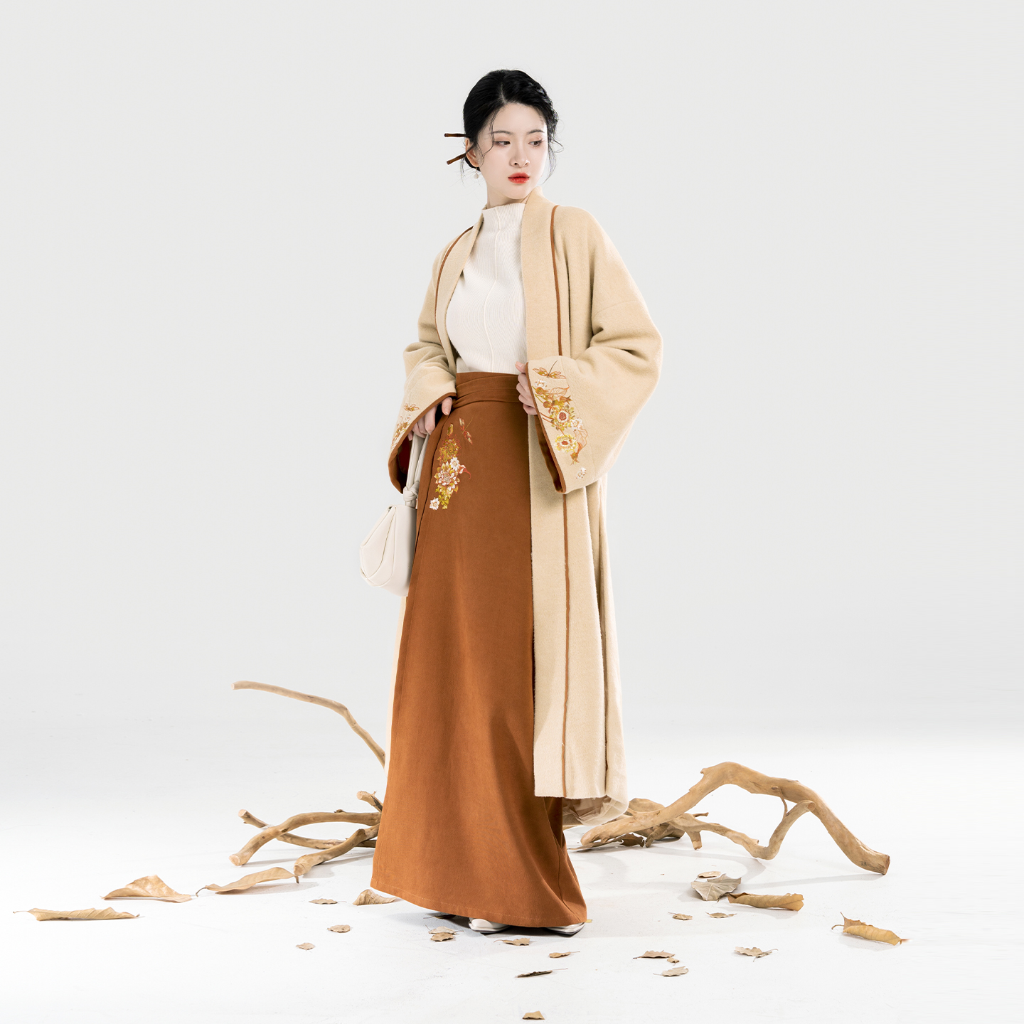 织造司[觅秋]新中式秋枫氛围感刺绣对襟大衣外套一片式宋旋裙半裙