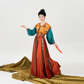 圆领衫 唐制汉服唐褙子灯笼袖 暗纹织锦八破裙长裙 丝路同绸 织造司