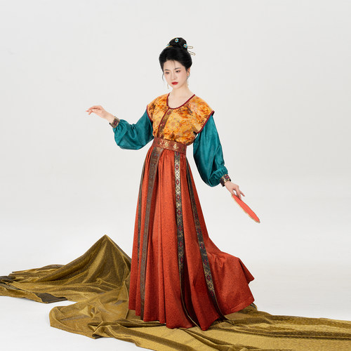 织造司[丝路同绸]唐制汉服唐褙子灯笼袖圆领衫暗纹织锦八破裙长裙