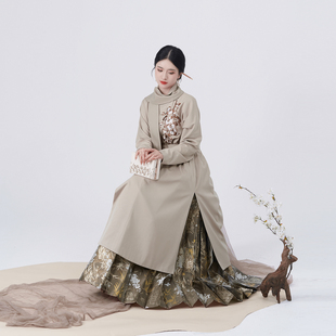 时兰织造司原创明制汉服蝴蝶兰刺绣圆领风衣外套仿妆花织金马面裙
