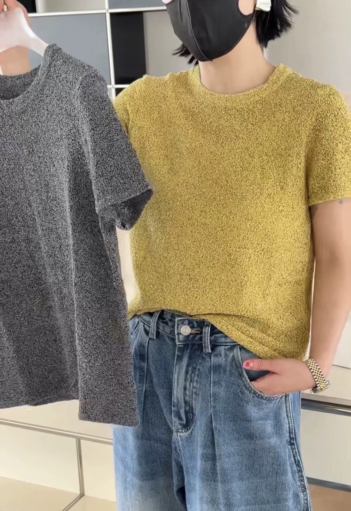 诗歌兰女装2026春款 1103知性法式温柔针织短袖亚麻丝圆领上衣