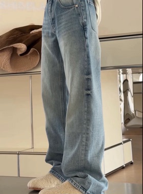 现 诗歌兰女装2025冬款 15299美式复古街头显瘦薄绒直筒牛仔裤女