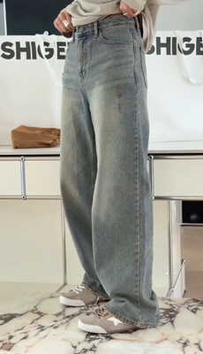 诗歌兰女装2025秋款 H25655潮流街头美式个性直筒裤磨破牛仔裤女