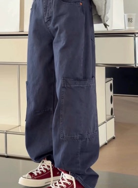 诗歌兰女装2026春款 26255街头个性设计感口袋复古工装牛仔裤女