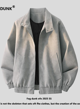FOG DUNK美式潮牌复古立领外套男秋季宽松痞帅PU皮夹克青少年款潮