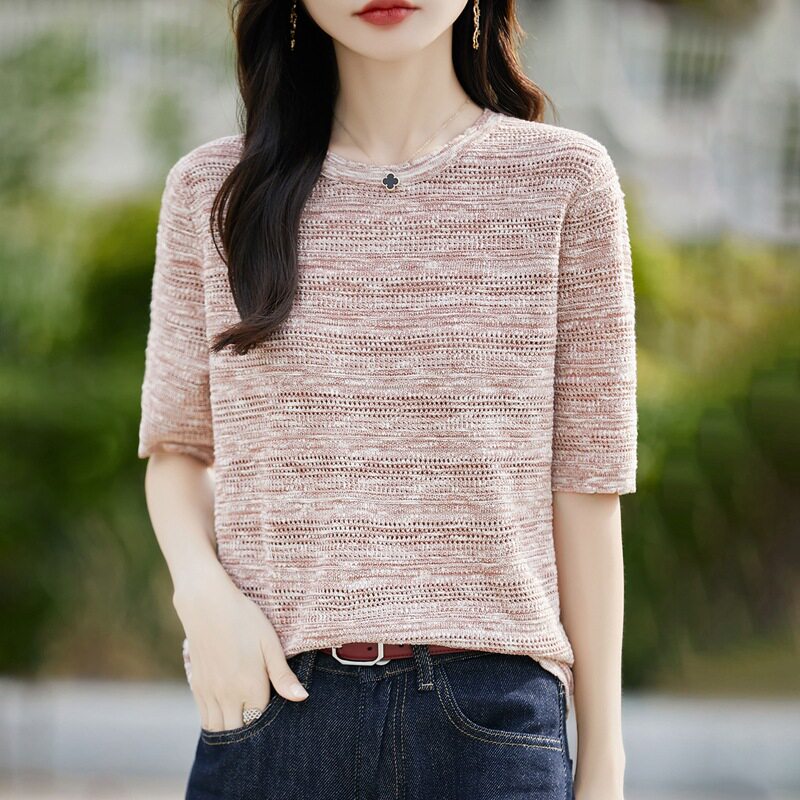 法式圆领花纱镂空针织短袖t恤女2025夏宽松休闲正肩半袖女装上衣