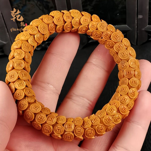 橄榄核雕金饭碗手串镂空