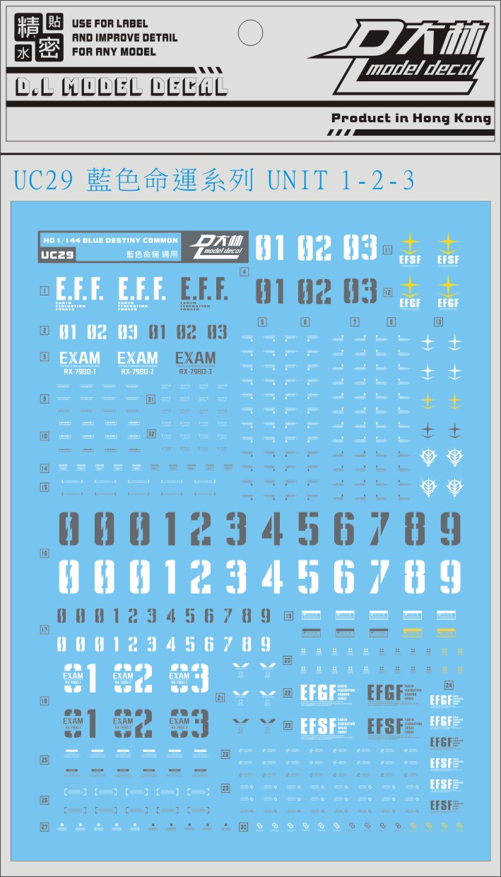 UC29[DL]大林 HG 1/144 苍蓝宿命 蓝色命运 1-2-3号机 EXAM 水贴