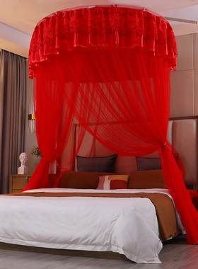 新款结婚喜庆大红色吊顶蚊帐公主风家用欧式免安装加高加密圆顶帐