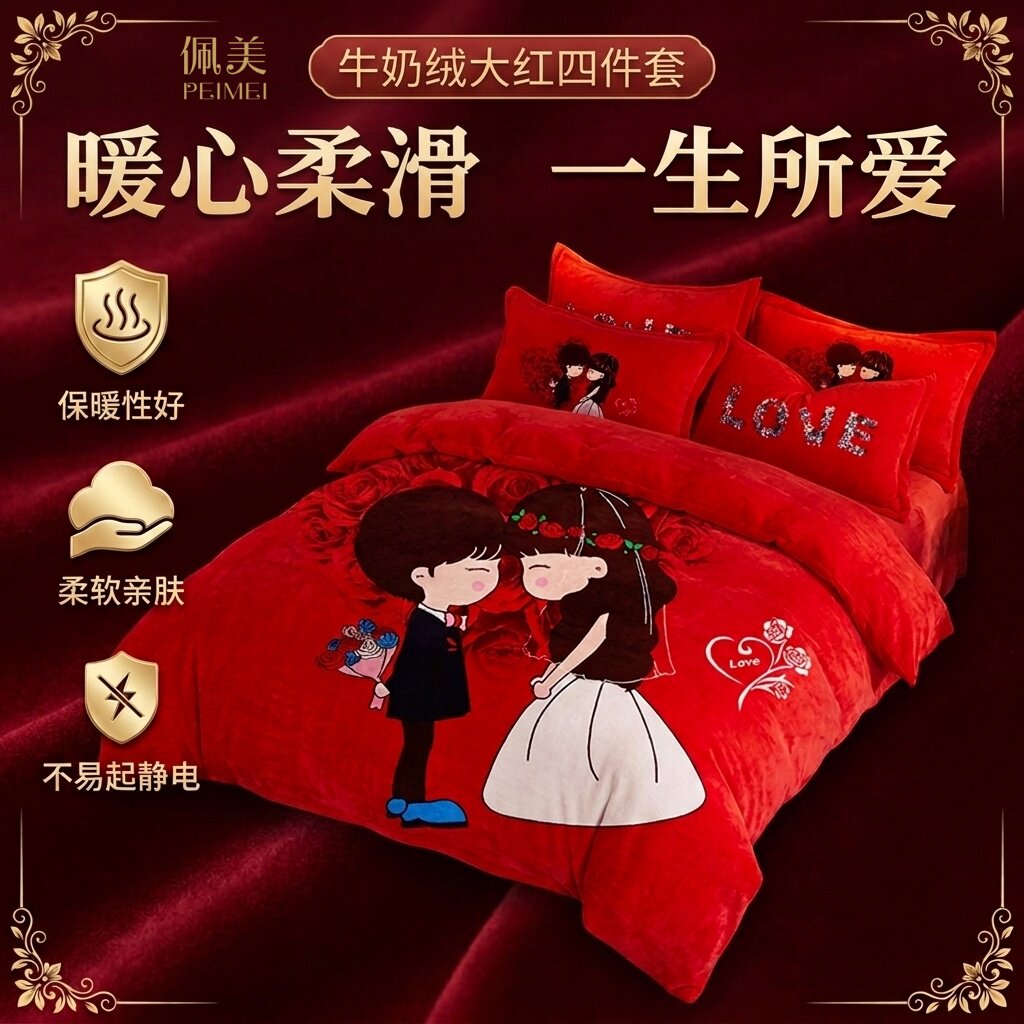 新款大版情侣款牛奶绒四件套时尚喜庆红色保暖毛绒双人床上套件