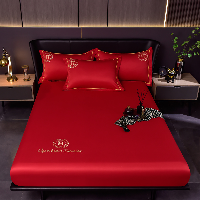 新款冰丝水洗真丝床笠三件套结婚庆大红色夏季薄款凉感单床套床罩