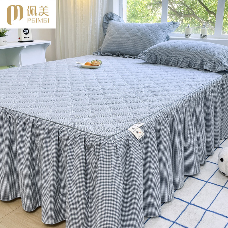 新款高档全棉水洗棉夹棉床裙三件套加厚防滑床单件纯棉床罩格子系,床上用品,床裙,淘宝优惠券,粉丝福利购,淘宝优惠卷