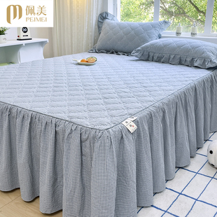 新款 高档全棉水洗棉夹棉床裙三件套加厚防滑床单件纯棉床罩格子系