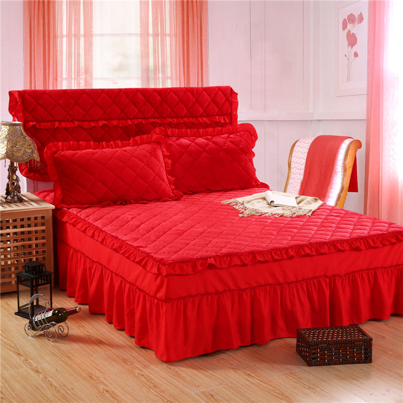 加厚结婚庆大红色法莱绒牛奶绒单件床裙保暖夹棉床盖床套三四件套