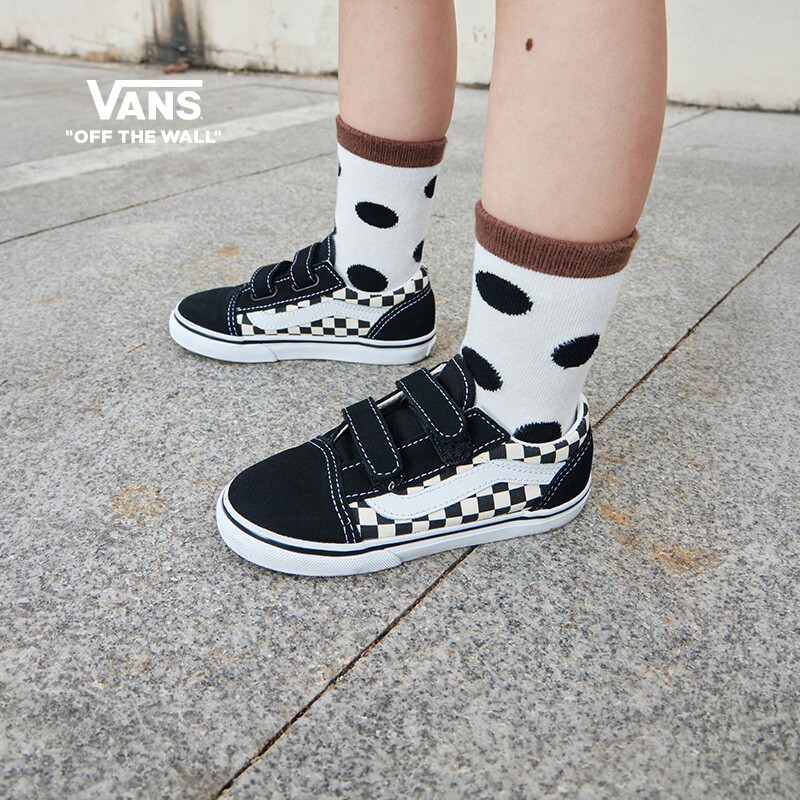 Vans范斯童鞋官方 Old Skool V棋盘格魔术贴轻便小童板鞋运动鞋
