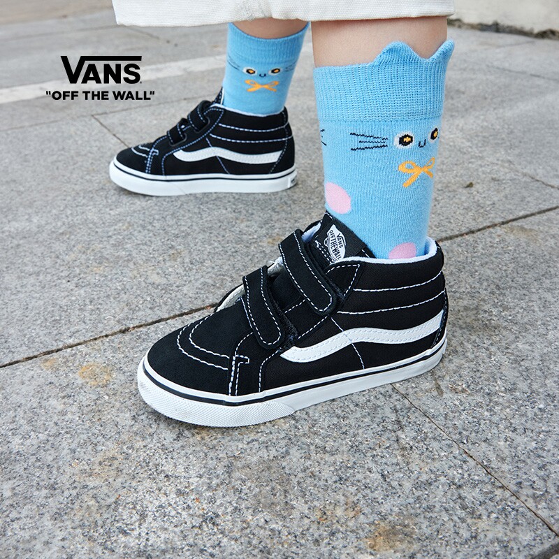 Vans范斯童鞋官方 SK8-Mid V黑色易穿魔术贴小童板鞋运动鞋
