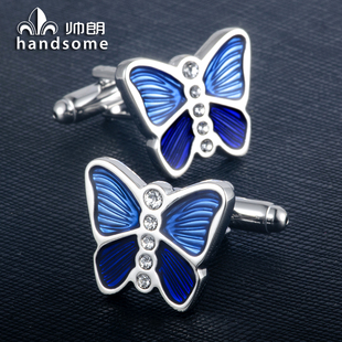 蓝色珐琅白钻蝴蝶袖扣女士袖钉商务男士法式衬衫扣袖口扣送礼盒装