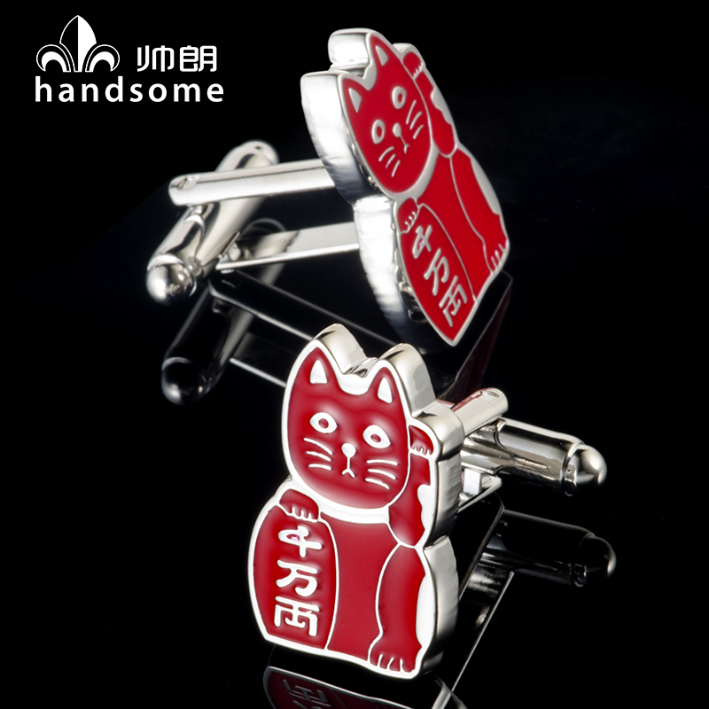红色招财猫袖扣袖钉男正装法式衬衫配饰袖口扣蓝紫黑色包邮送礼盒