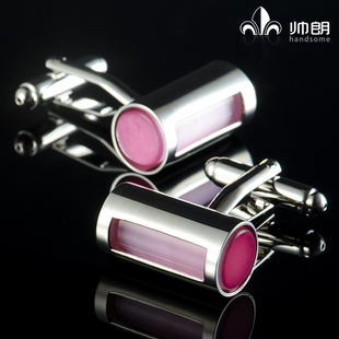 帅朗银色圆柱袖扣粉红色缟玛瑙袖钉OL优雅女士衬衫扣简约法式袖口