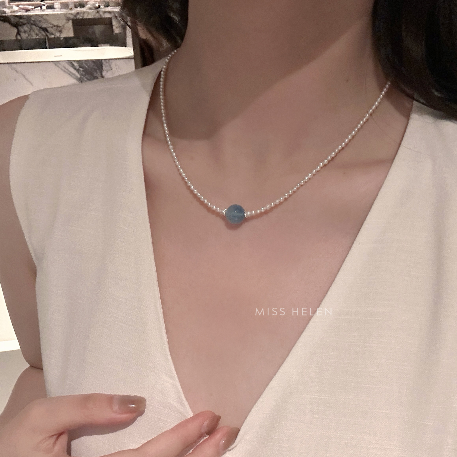 海蓝宝珍珠项链女气质简约送礼物