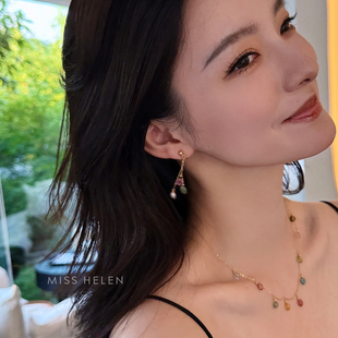 MISS 气质 HELEN「碧玺平安扣」耳夹女14k金耳环银针耳钉耳饰夏季